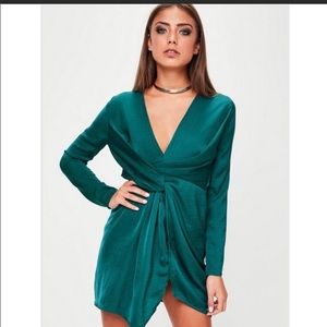Misguided NWT teal green silk twist mini dress M